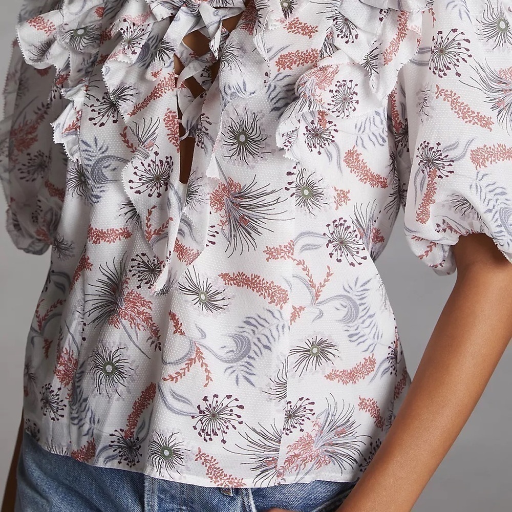 NWT - Anthropologie Magali Pascal Ruffle Lace Front Cotton/Silk Lined Blouse - Picture 3 of 4